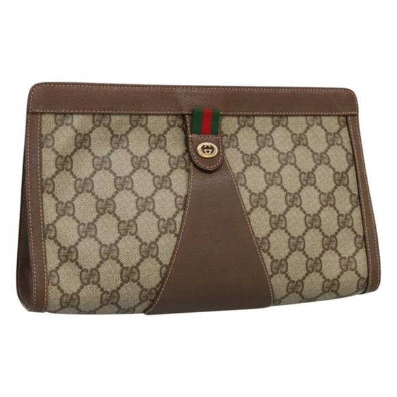 GUCCI GG Supreme Web Sherry Line Clutch Bag PVC Beige Red - Picture 1 of 15
